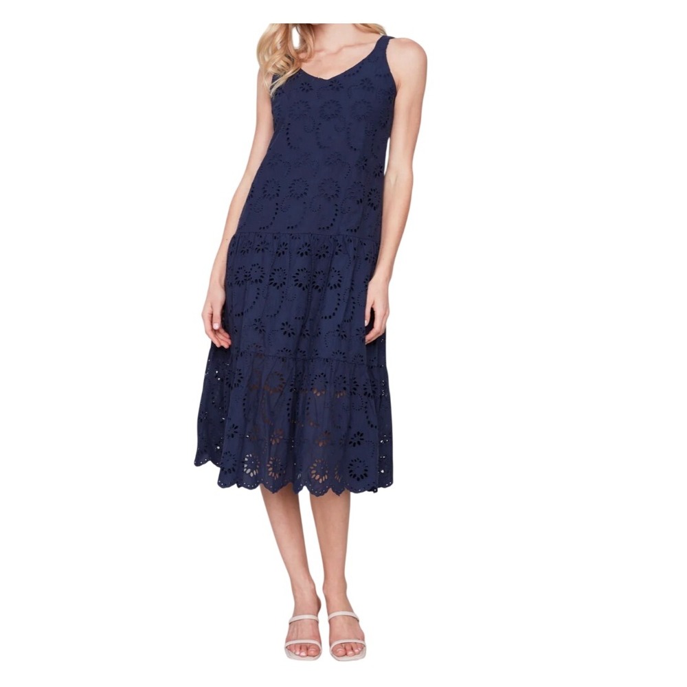 Charlie B XS Navy Blue Cotton Eyelet Tiered Midi Dress Sleeveless 100% Cotton